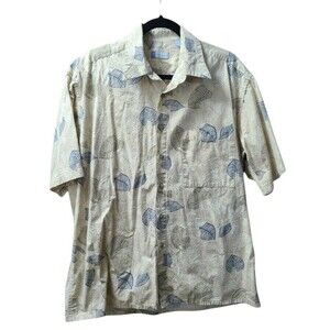 Mens Hawaiian Shirt 100% Cotton Beige Light Green/Blue Leaves Half Moon Bay Sz L